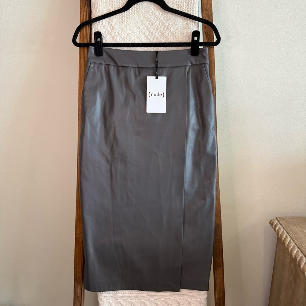 NWT NUDE Asphalt Grey Faux Leather Faux Wrap Midi Skirt